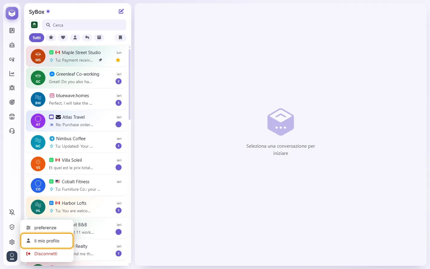 The menu under your picture at the bottom of the left bar, with "My profile"