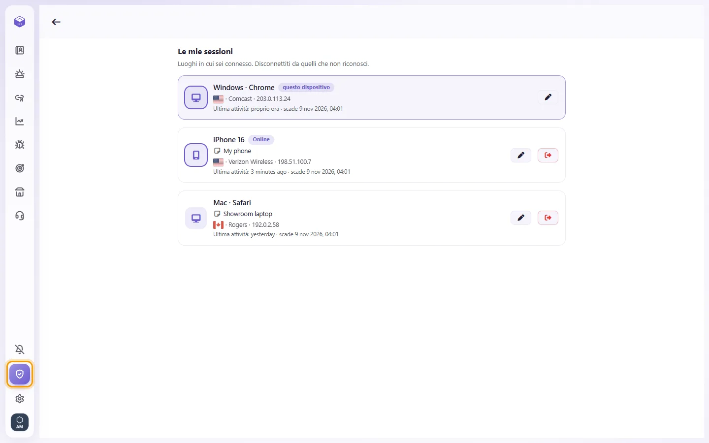 My sessions: every device you are signed in on, with where it is and when it was last active