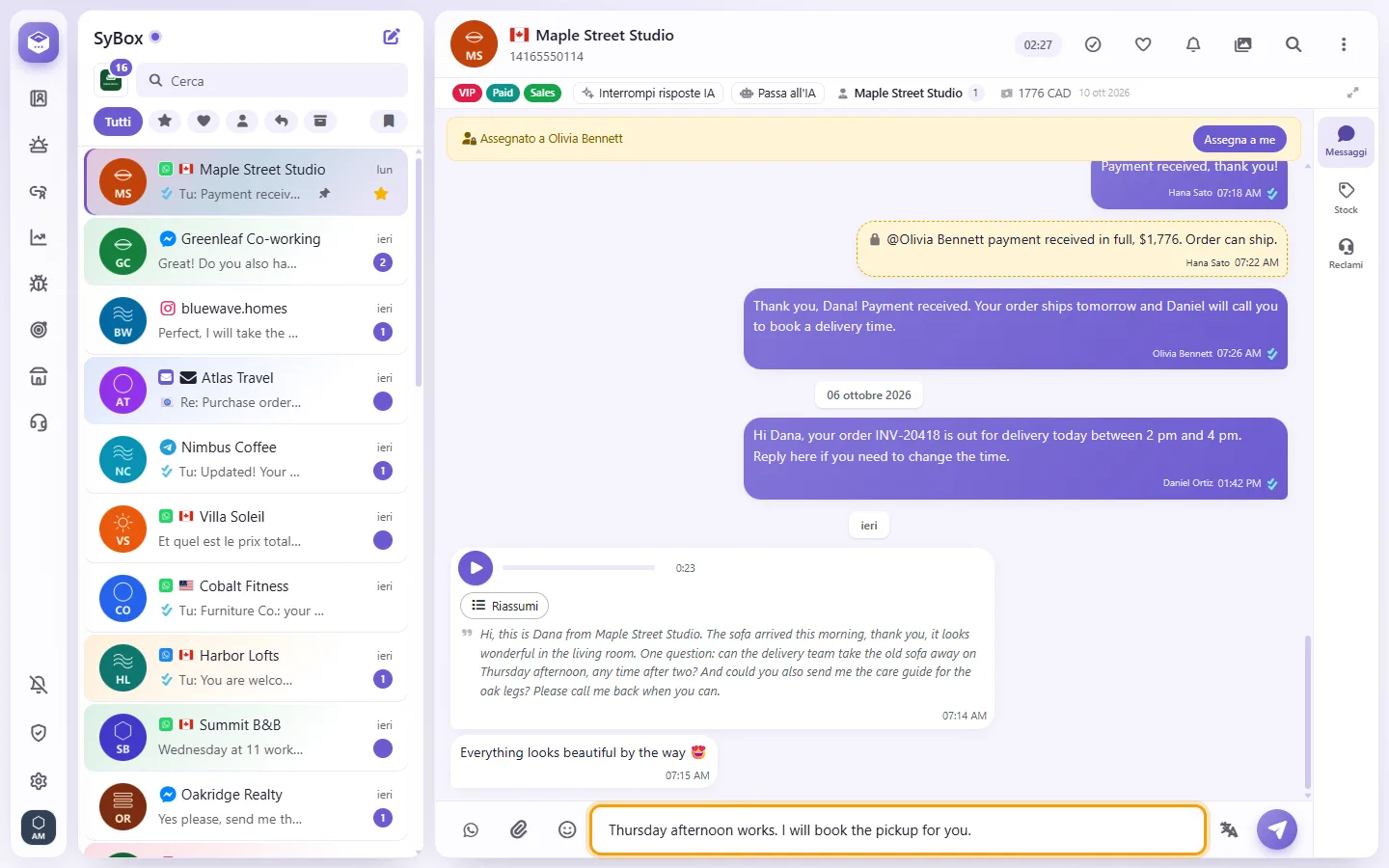 An open conversation, with a reply typed in the message box at the bottom