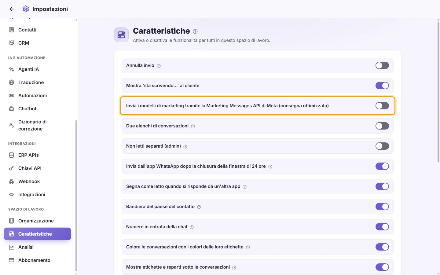 Settings, Features: marketing templates through Meta's Marketing Messages API