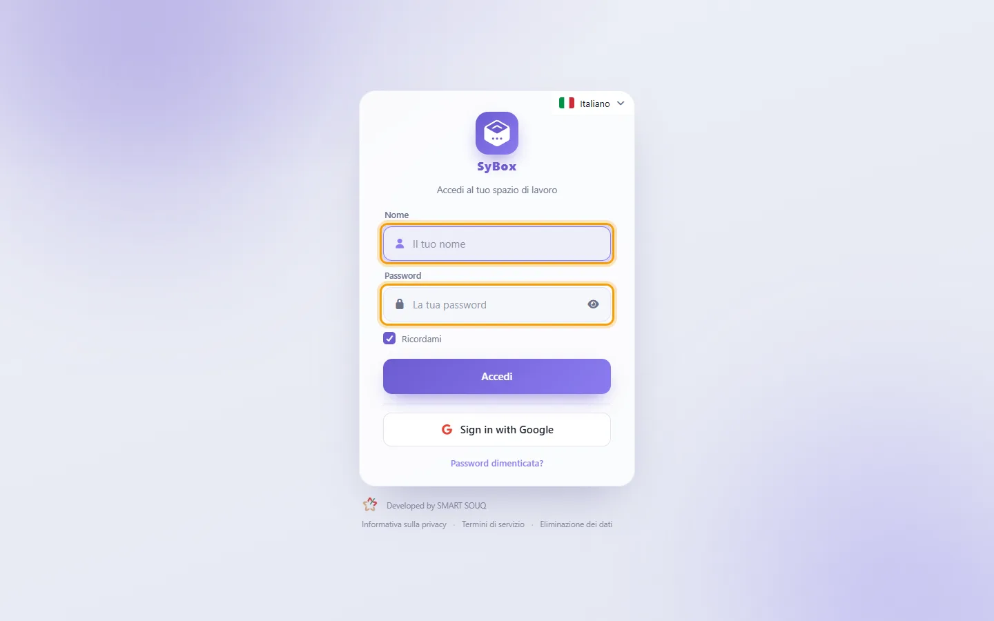 The sign-in page of a workspace: your name and password