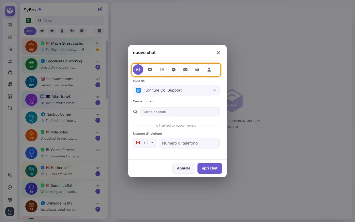 The New chat window: a tab for each channel, then the number it is sent from and the contact