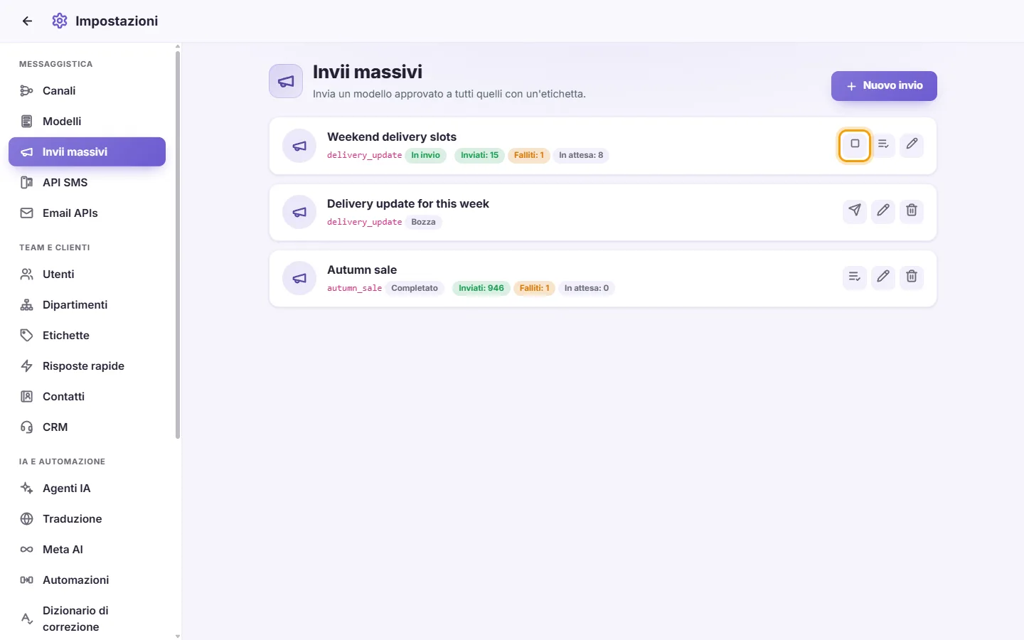 Settings, Broadcasts: a broadcast that is sending, with its Stop button