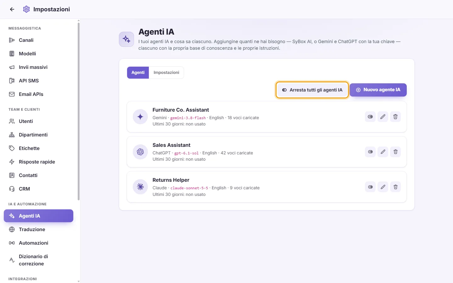 Settings, AI Agents: "Stop all AI agents" beside "New AI agent"
