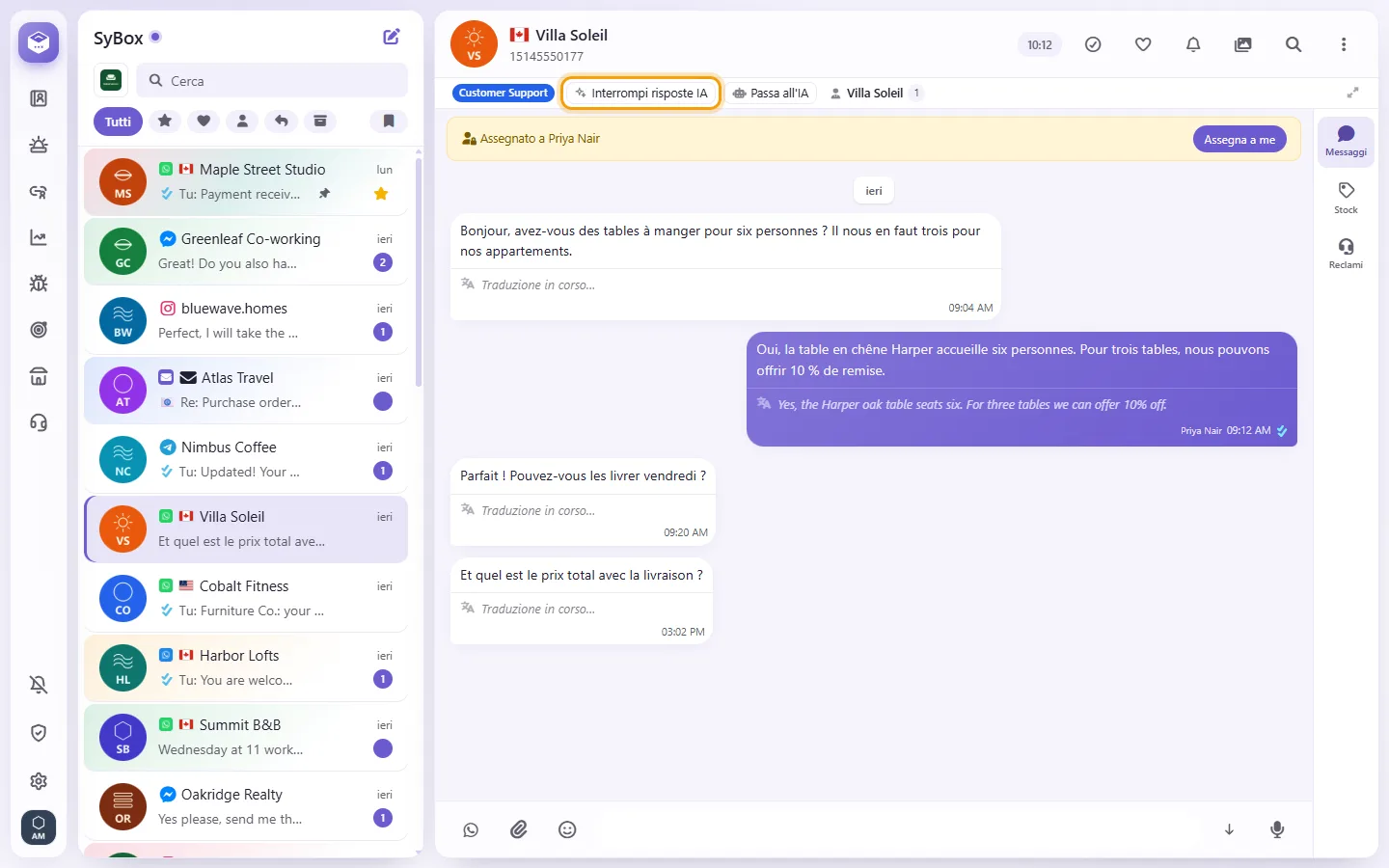 The bar under a conversation's name: the customer's department, "Stop AI replies" and "Hand to AI"