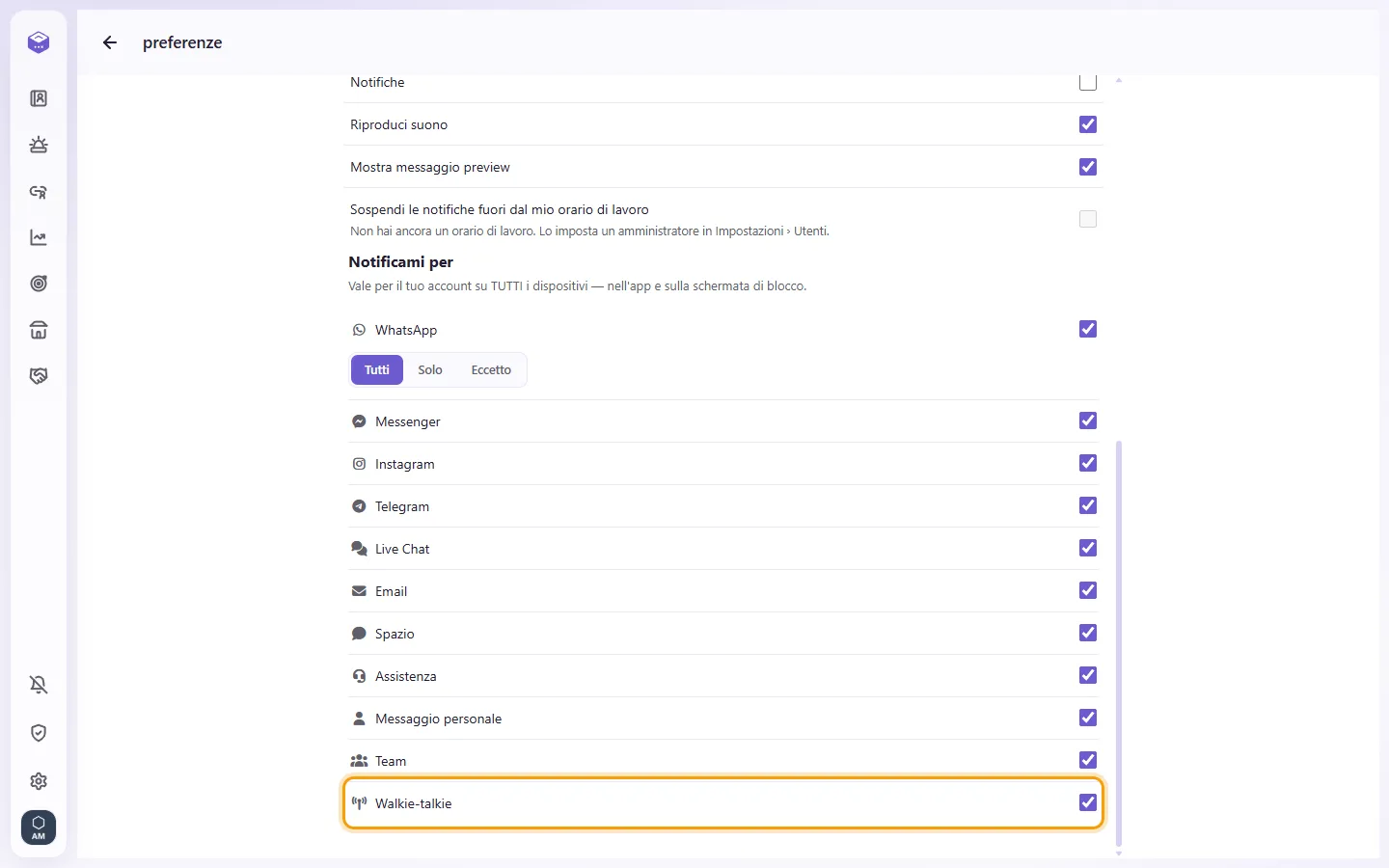Preferences, Notify me about: the "Walkie-talkie" switch