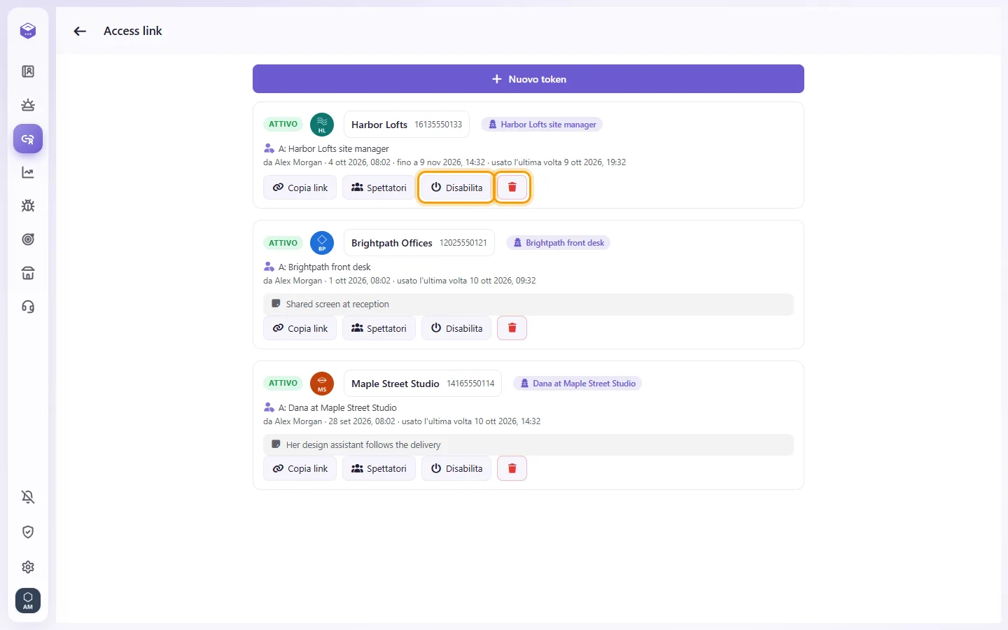 Access links: "Disable" switches a link off; the trash deletes it