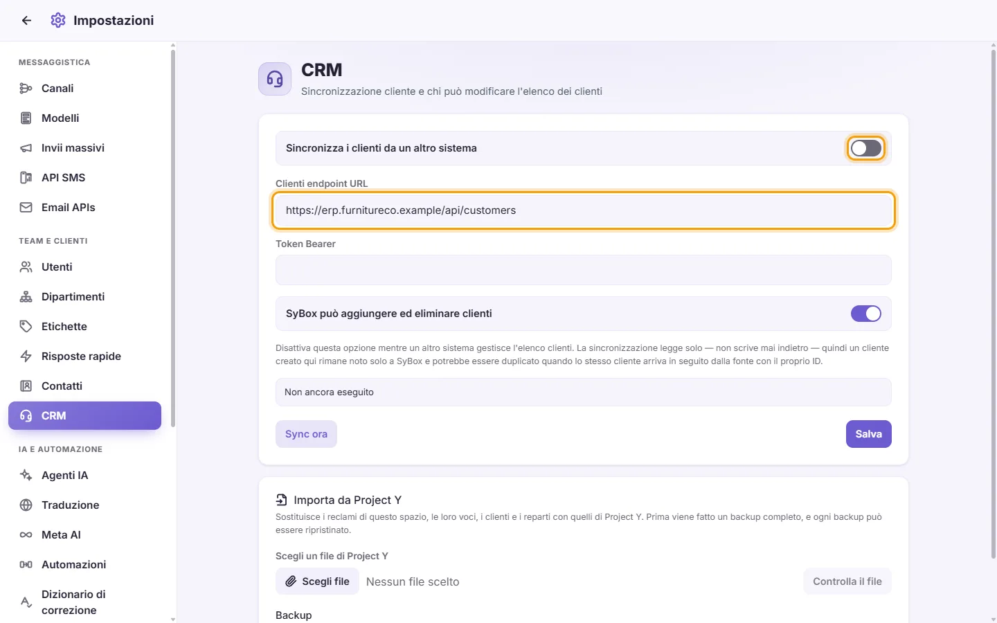 Settings, CRM: the "Sync customers from another system" switch and the address SyBox reads the customers from