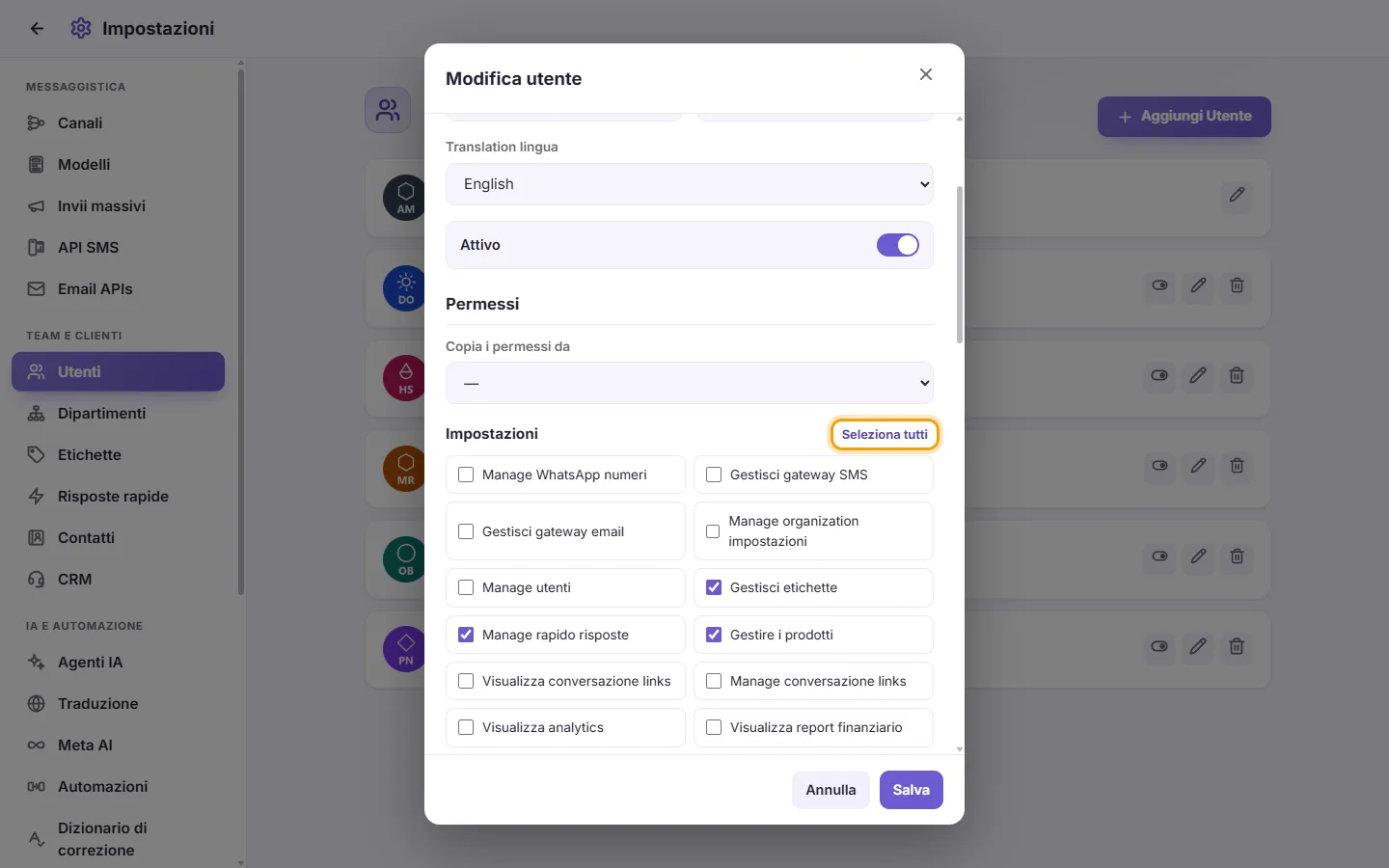 The Edit user window: the "Select all" button of the Settings permissions