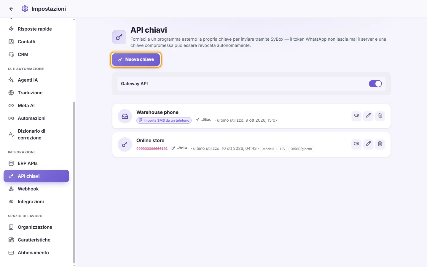 Settings, API keys: keys that let another program send through SyBox, and the "New key" button