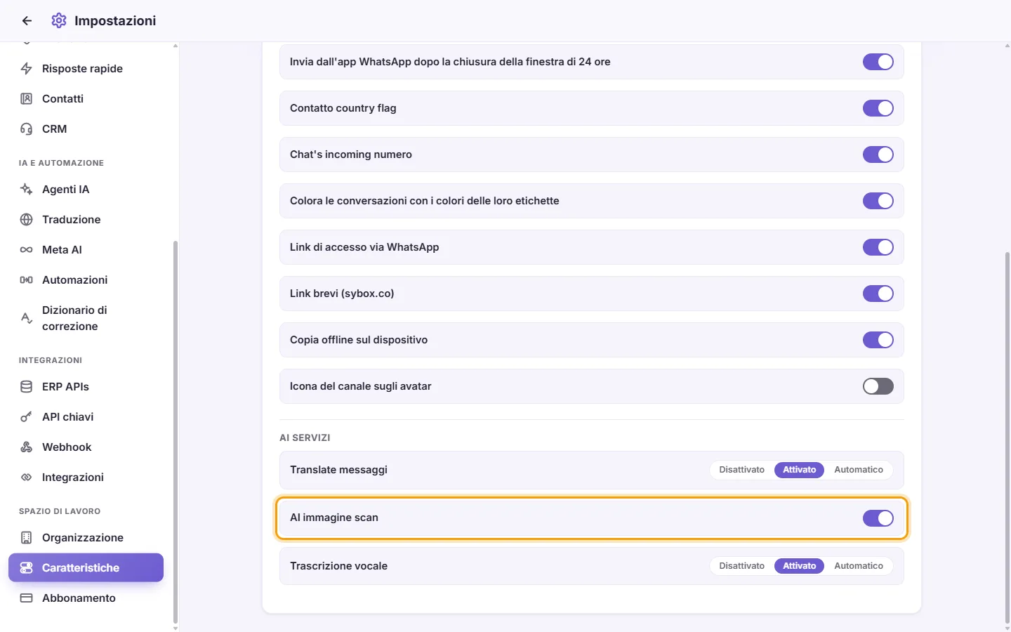 Settings, Features, AI services: the "AI image scan" switch