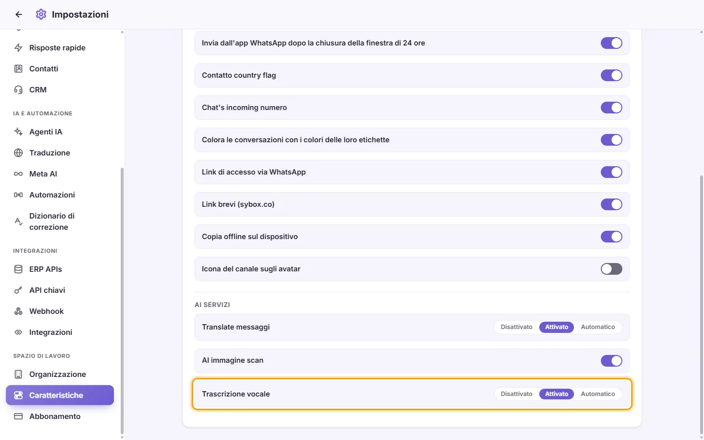 Settings, Features, AI services: "Voice transcription" with its Off, On and Auto choices