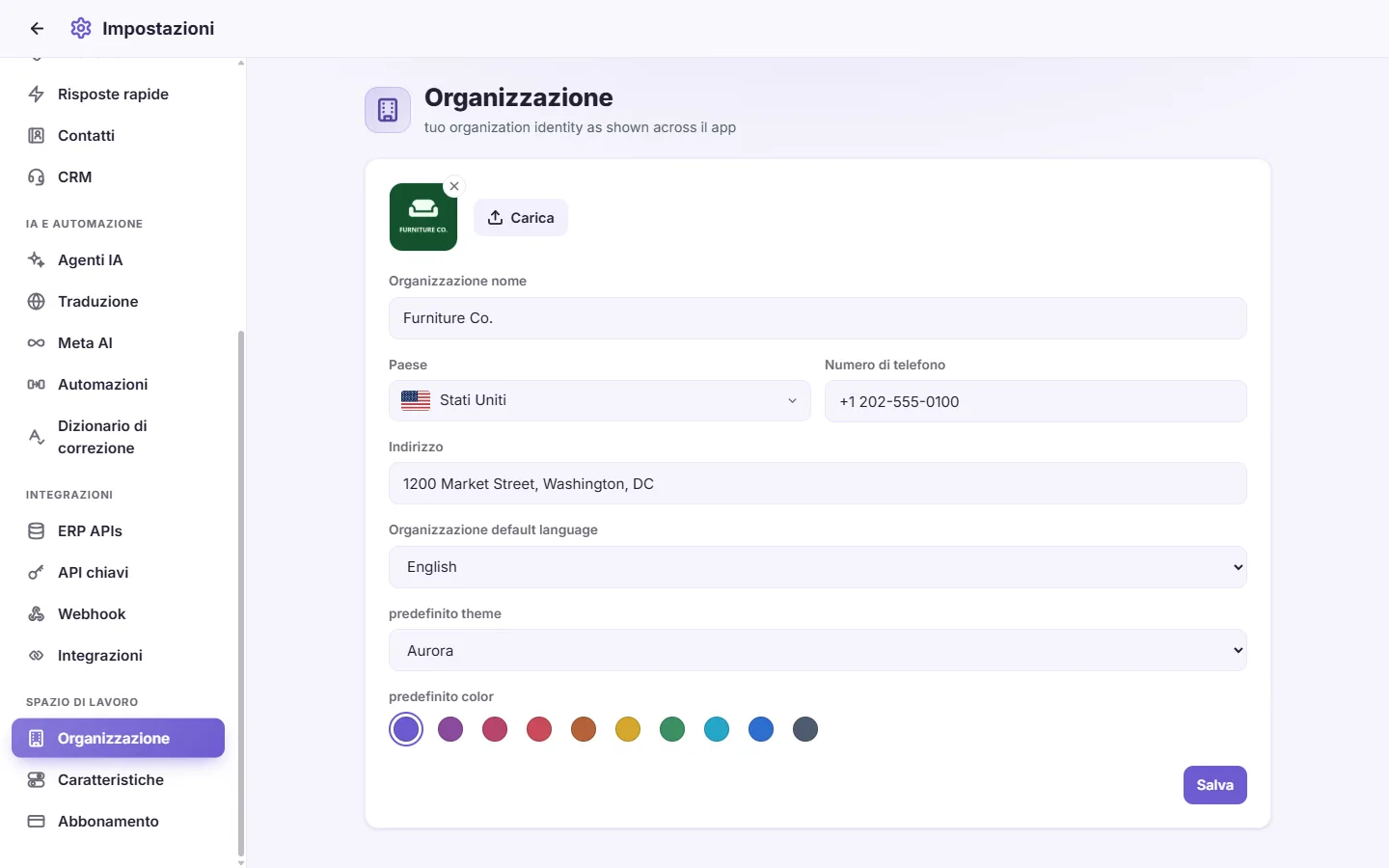 Settings, Organization: the business's name, logo, phone, address and country