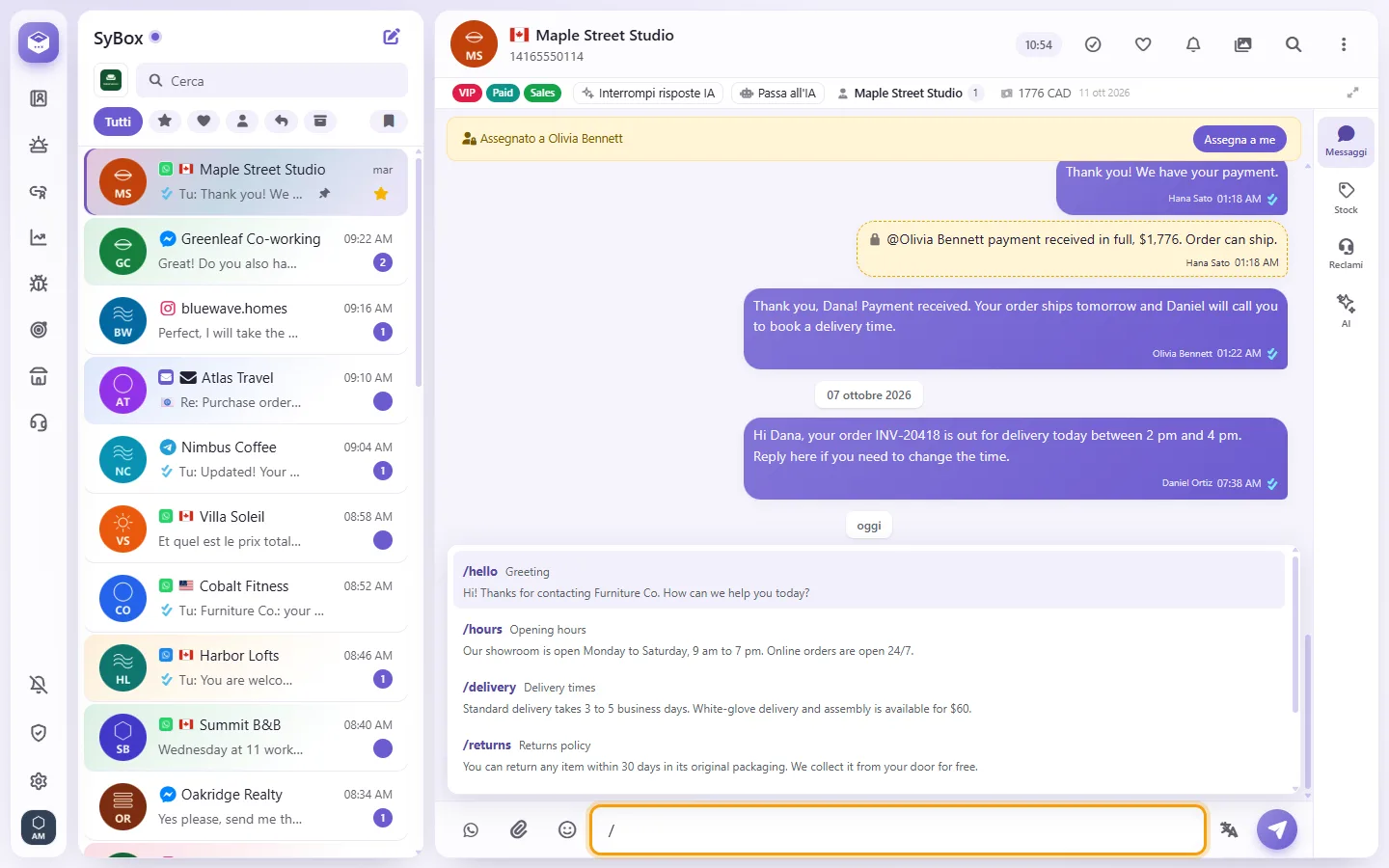 Typing a slash in the message box opens the quick replies