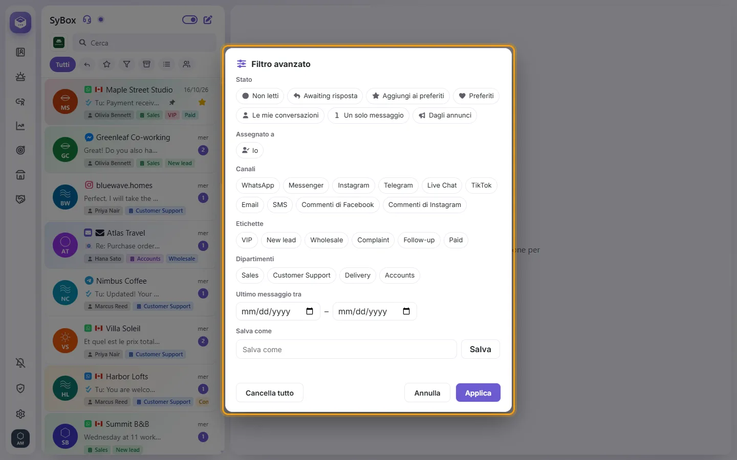 The advanced filter: status, assigned to, channels, labels, departments, contact fields, dates, and "Save as"