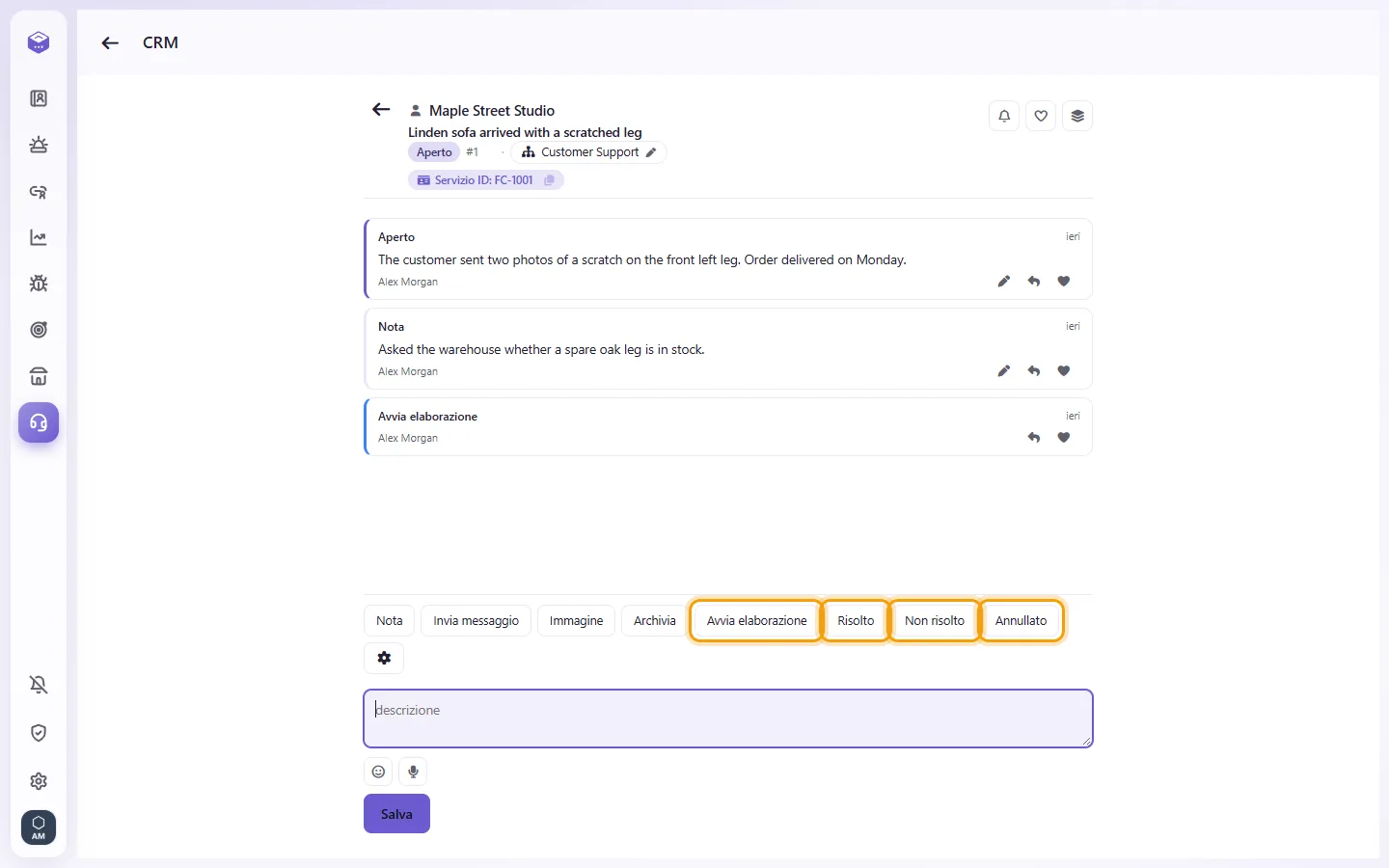 An open case: "Start processing", then "Solved", "Not solved" or "Canceled", then Save