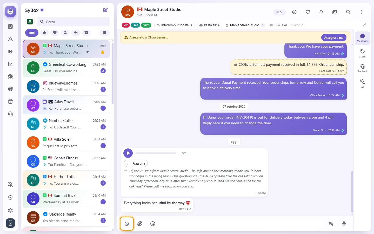 The switch between the customer's channel and an internal note, beside the message box