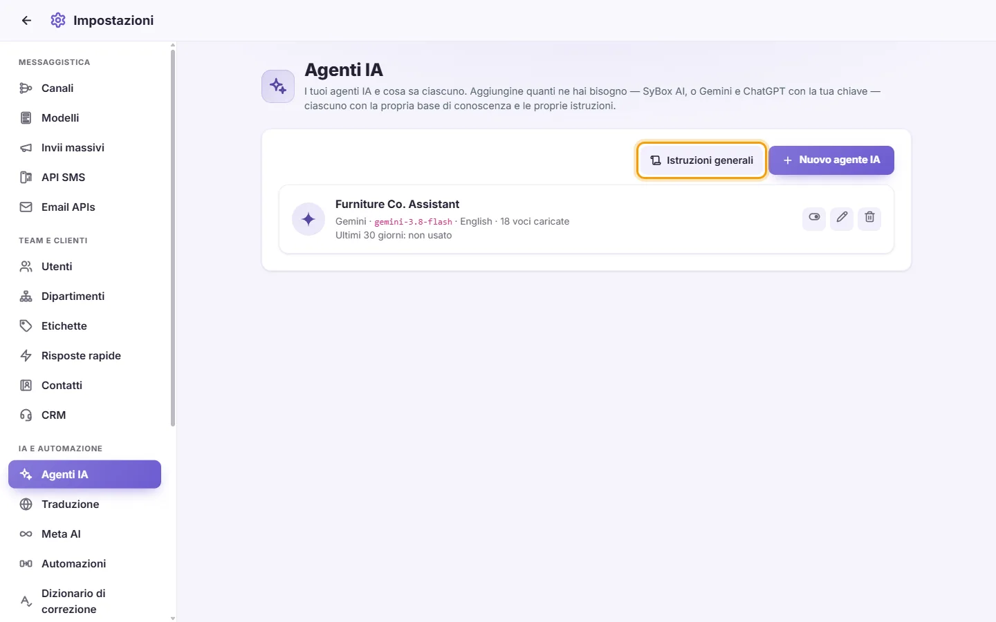 Settings, AI Agents: the "Settings" tab, where the instructions for every agent are