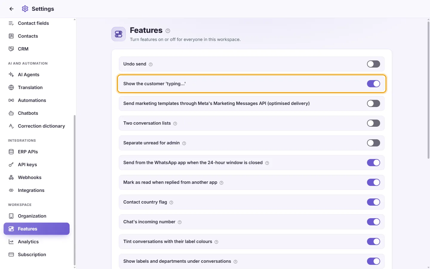 Settings, Features: the customer sees "typing…" when an agent writes