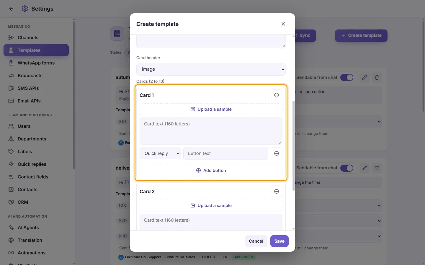 A carousel's card: its header sample, its text and its buttons