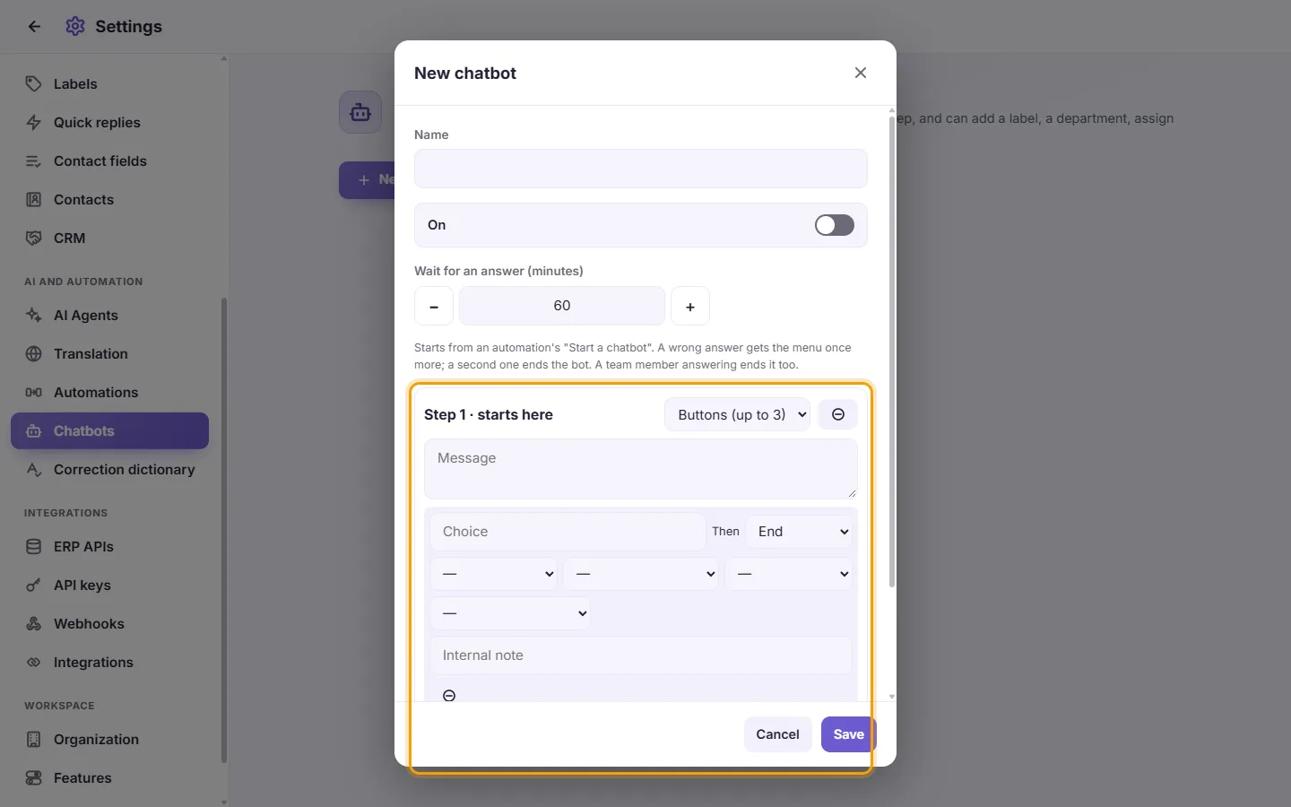 A chatbot step: its kind, its message and its choices