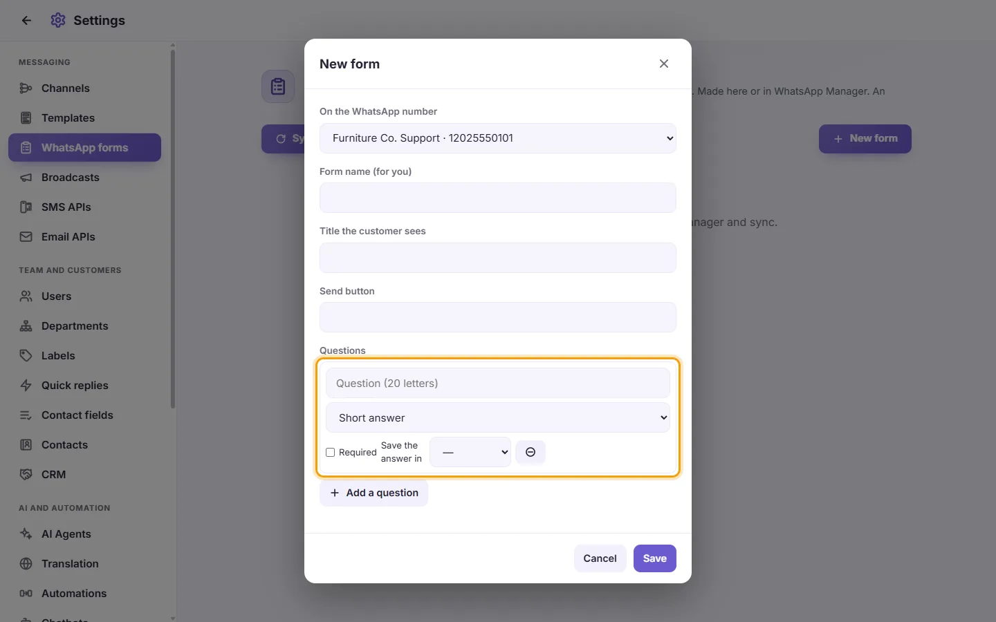 A WhatsApp form's questions: the question, its kind, Required and "Save the answer in"