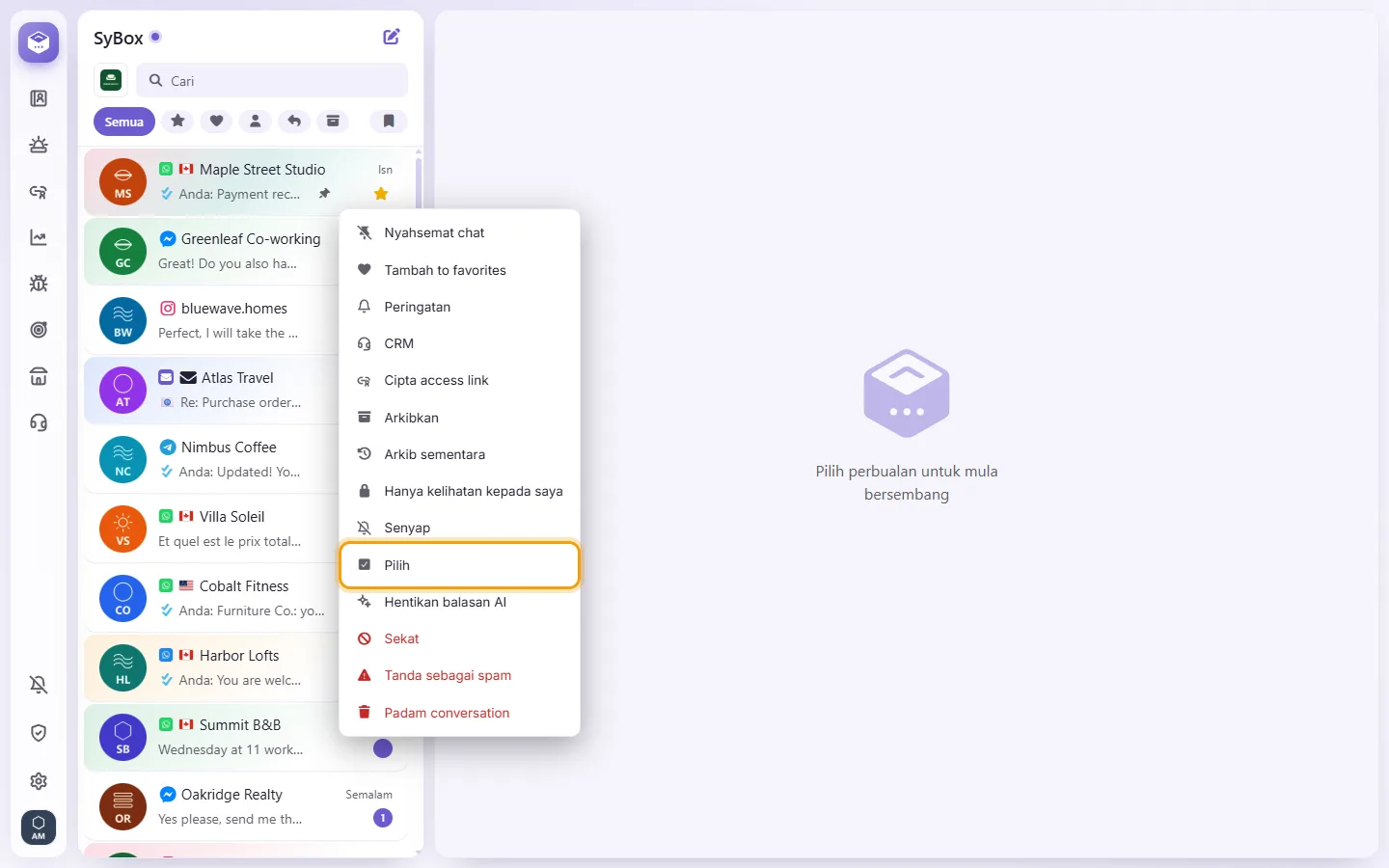 A conversation's menu in the list: "Select" starts choosing several conversations