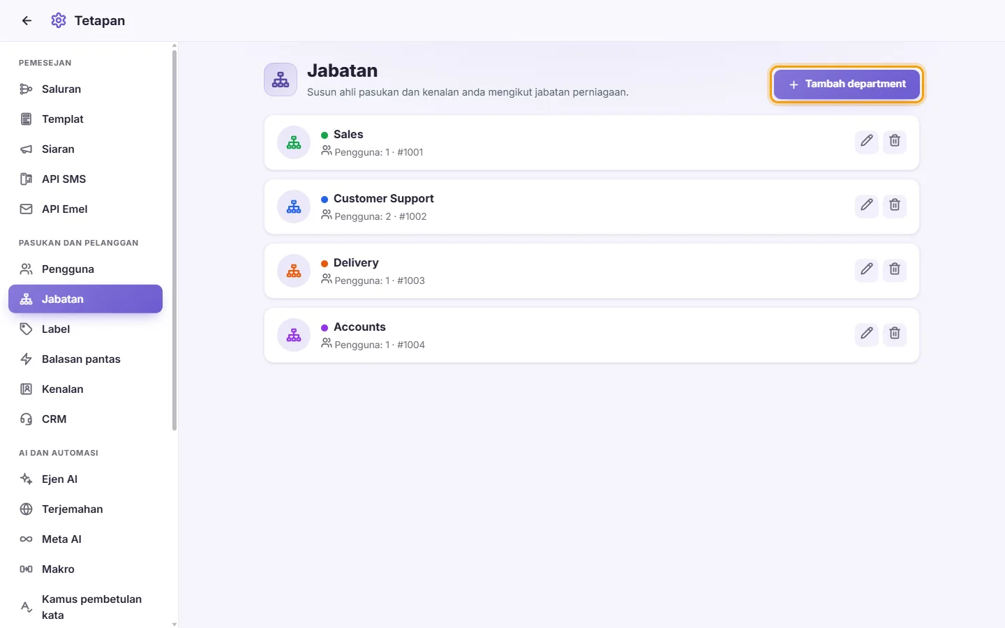 Settings, Departments: Sales, Customer Support, Delivery and Accounts, and the "Add department" button