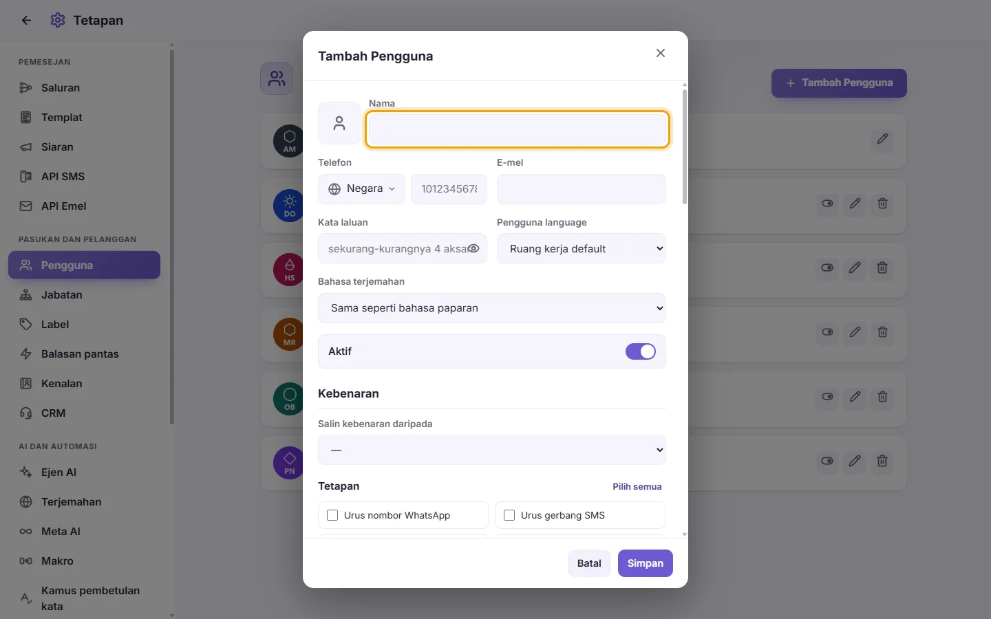 The new user window: the name first, then the sign-in details and what the user may do
