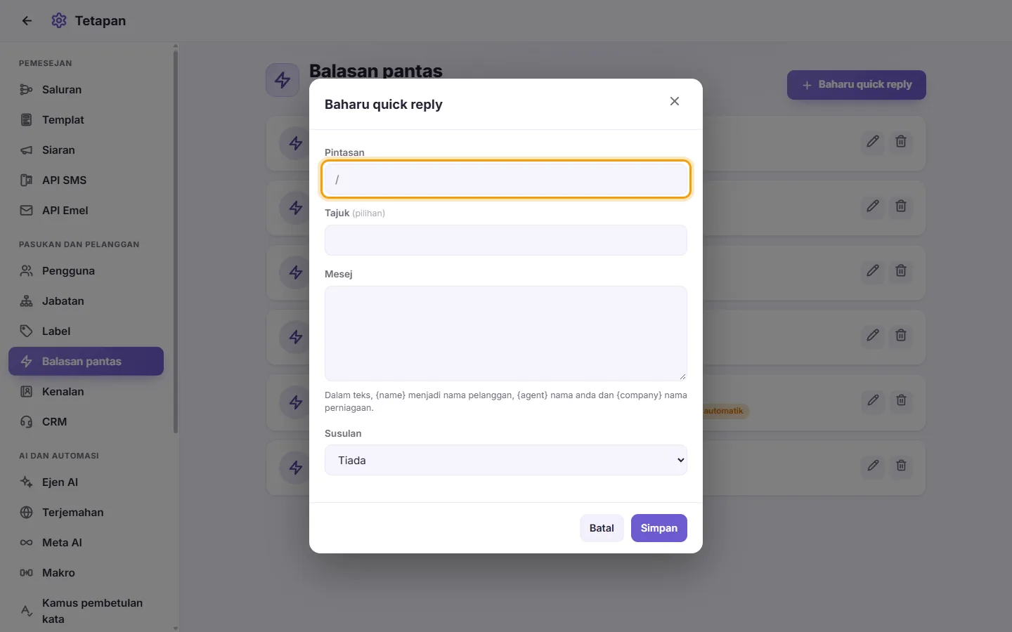 The new quick reply window: its shortcut first, then its title, text and an optional follow-up reminder
