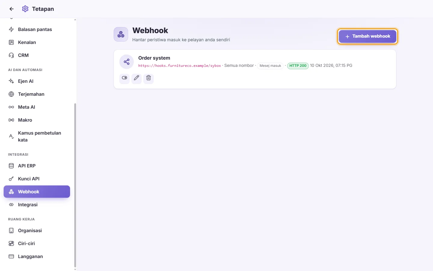 Settings, Webhooks: an active webhook with its last result, and the "Add webhook" button