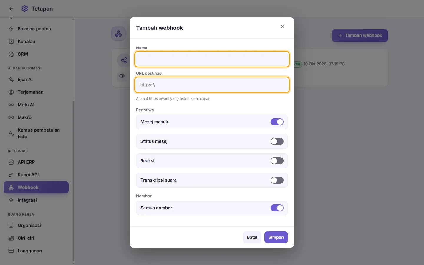 The new webhook window: its name and the address it calls