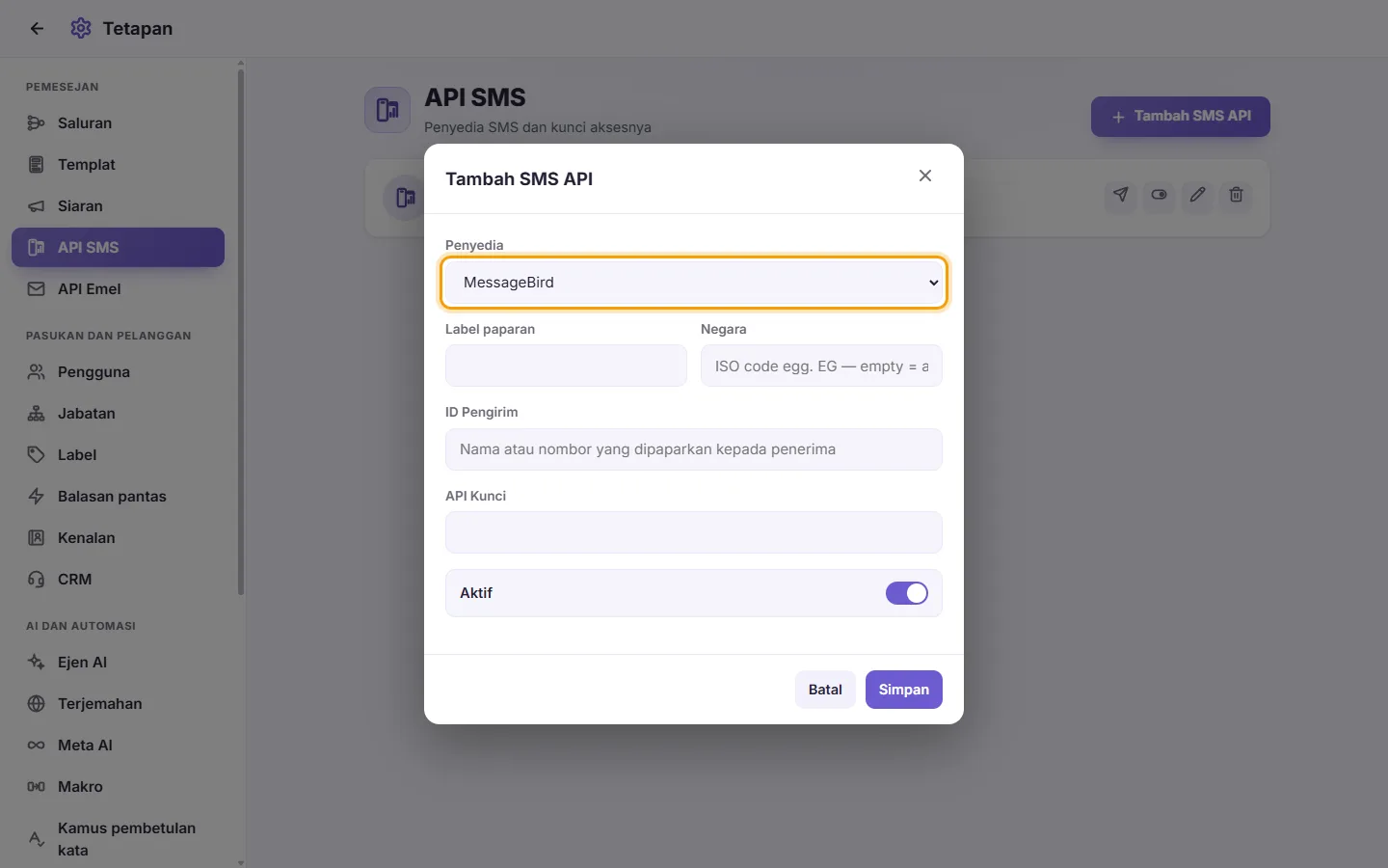 The new SMS gateway window: the provider first, then the country, keys and sender