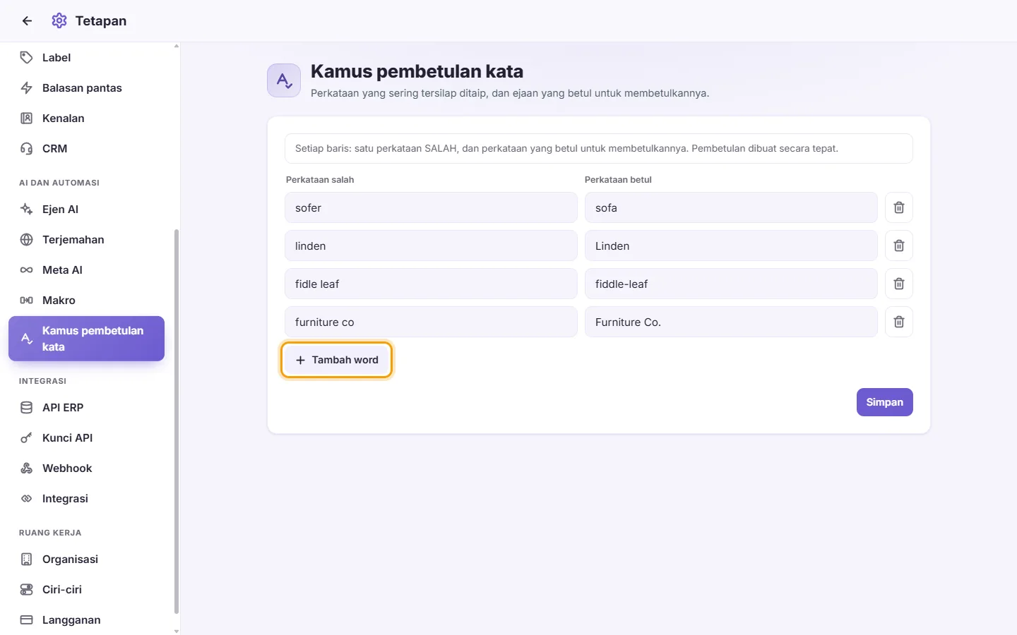 Settings, Correction dictionary: the wrong words and their corrections, and the "Add word" button