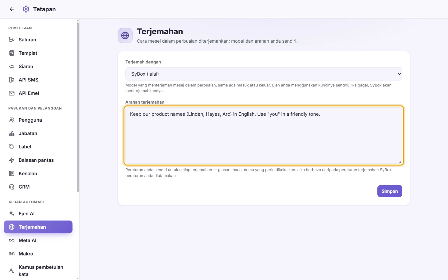 Settings, Translation: the "Translation instructions" box with an example rule