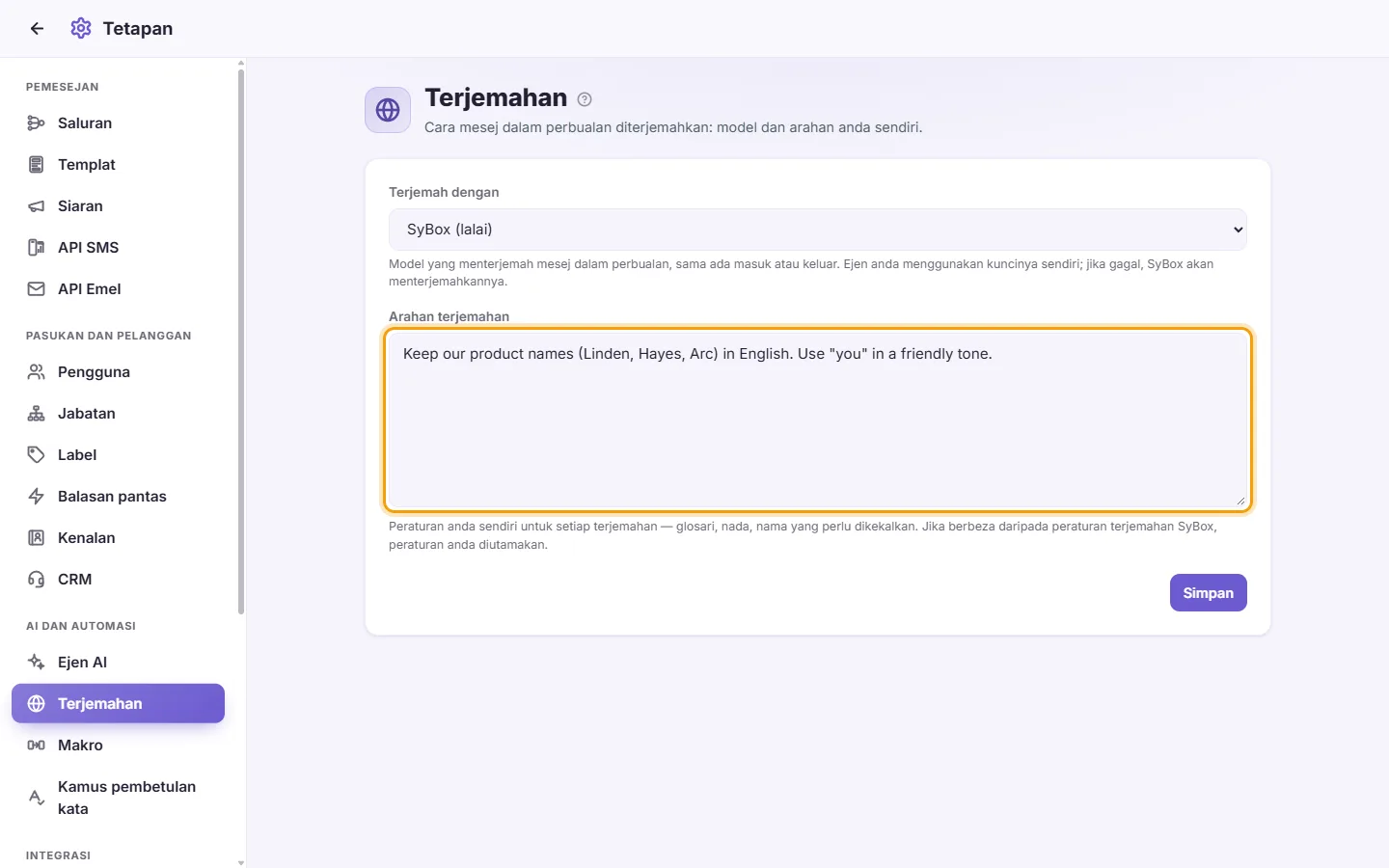Settings, Translation: the "Translation instructions" box with an example rule