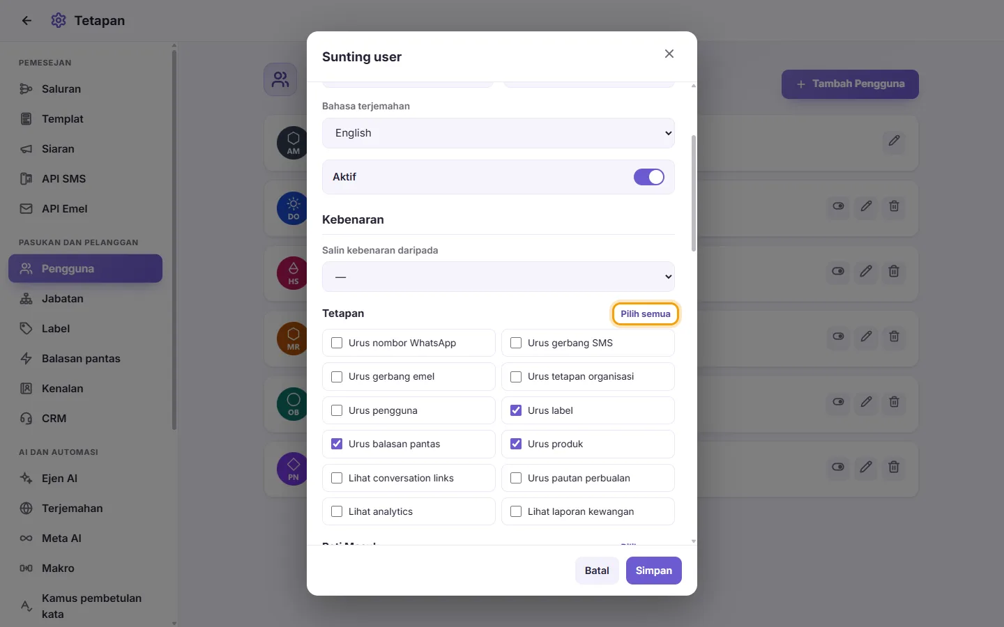 The Edit user window: the permissions, each ticked on its own, and "Select all" for a whole section