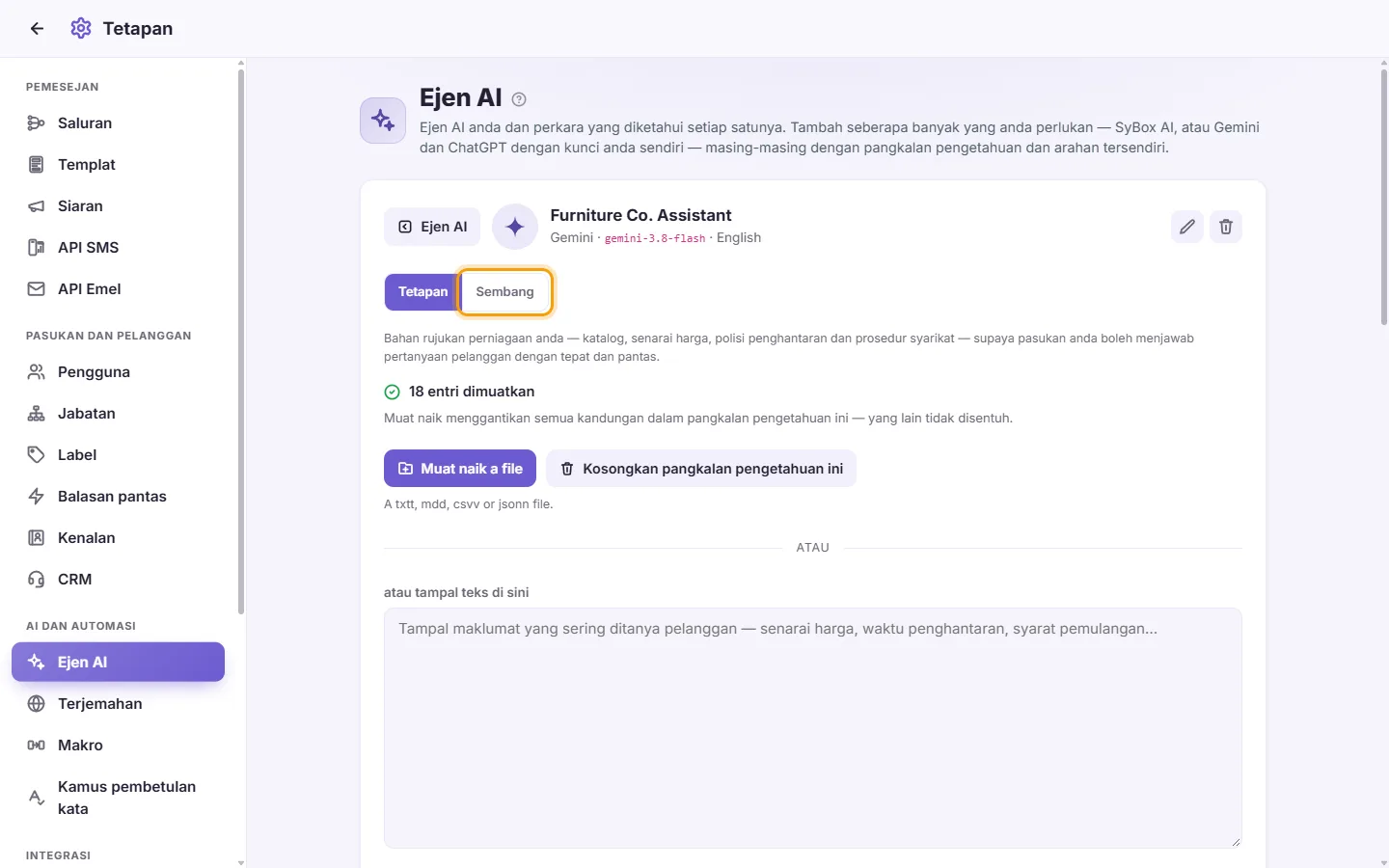 An agent's page: its "Chat" tab beside "Settings"