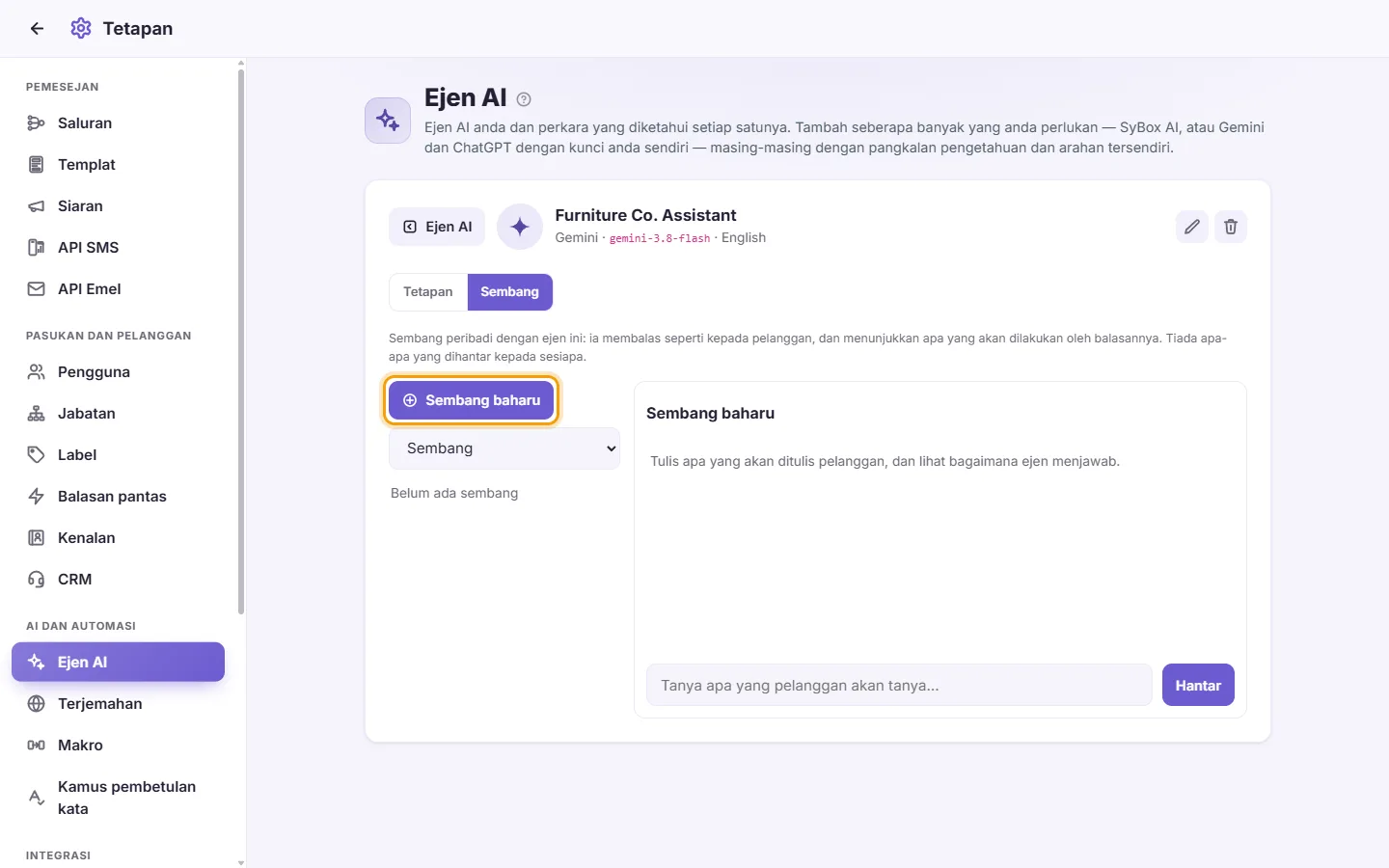 The agent's Chat: "New chat" and the list of your chats with it