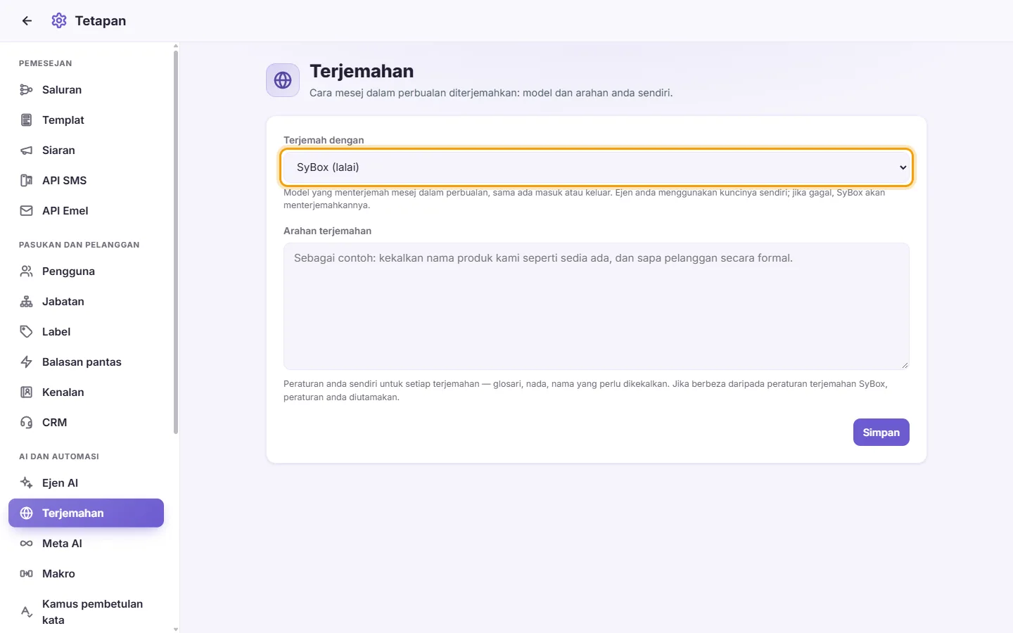 Settings, Translation: "Translate with" chooses who translates the messages