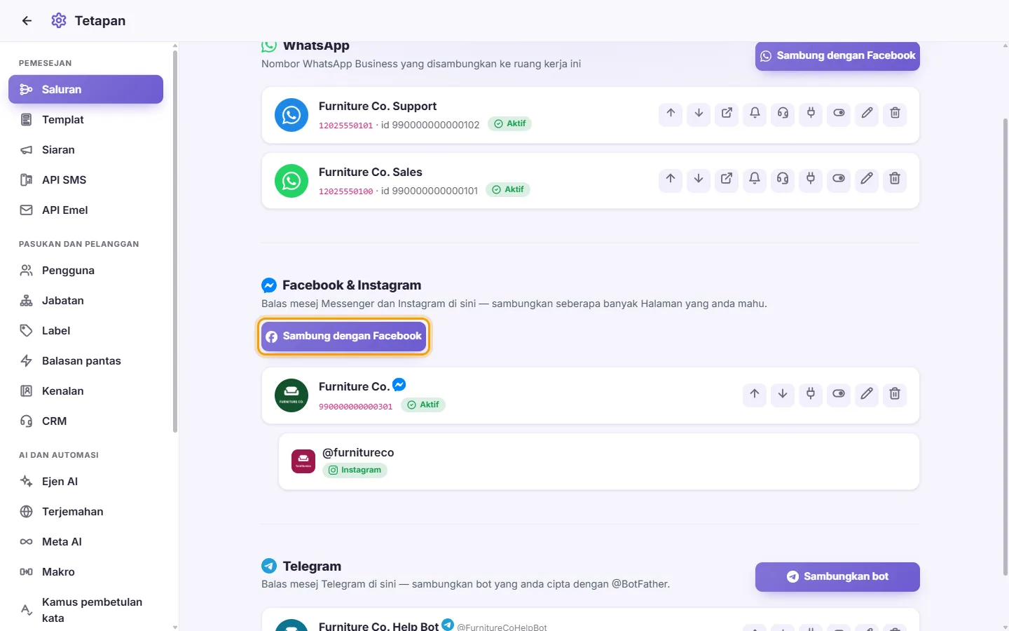 Settings, Channels: the Facebook & Instagram part, a connected Page with its Instagram account under it