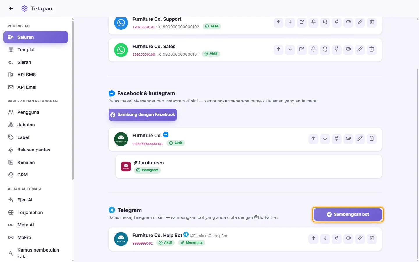 Settings, Channels: the Telegram part with its "Connect a bot" button and a connected bot