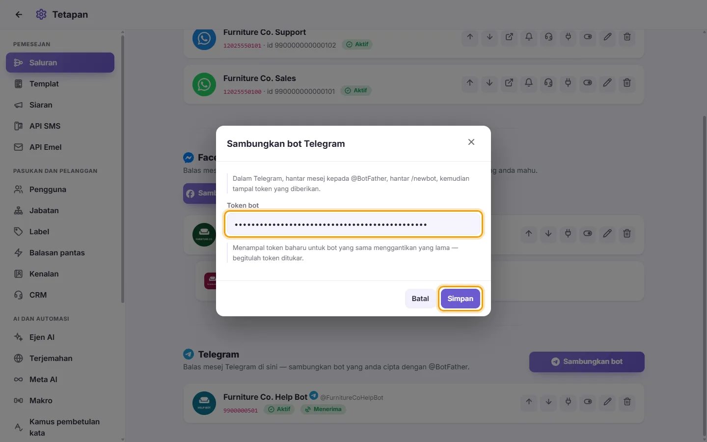 The "Connect a Telegram bot" window: the Bot token field with an example token, and the Save button