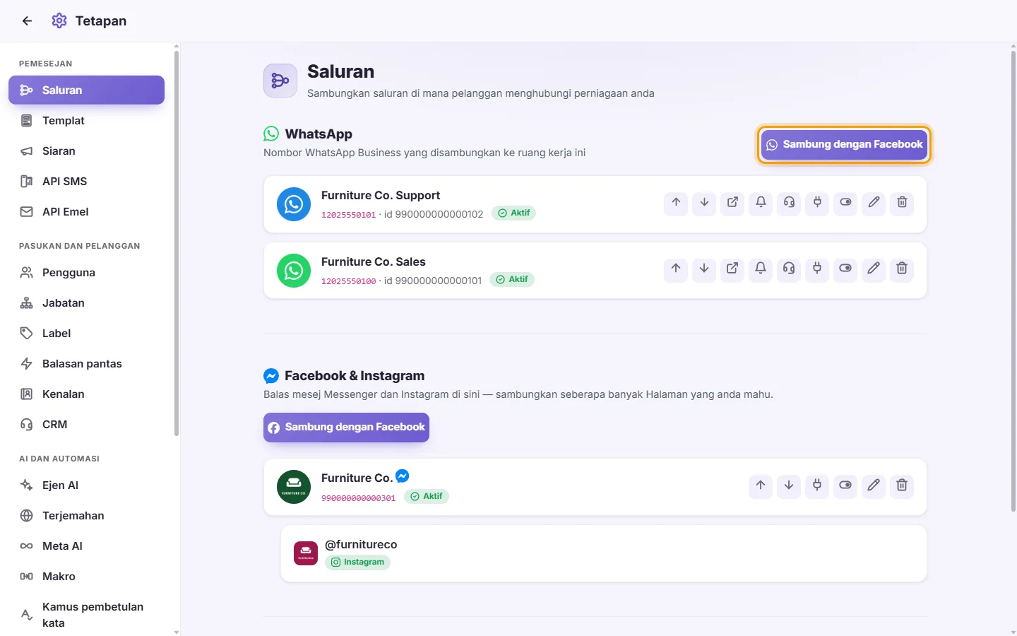 Settings, Channels: the WhatsApp part with its "Connect with Facebook" button and two connected numbers