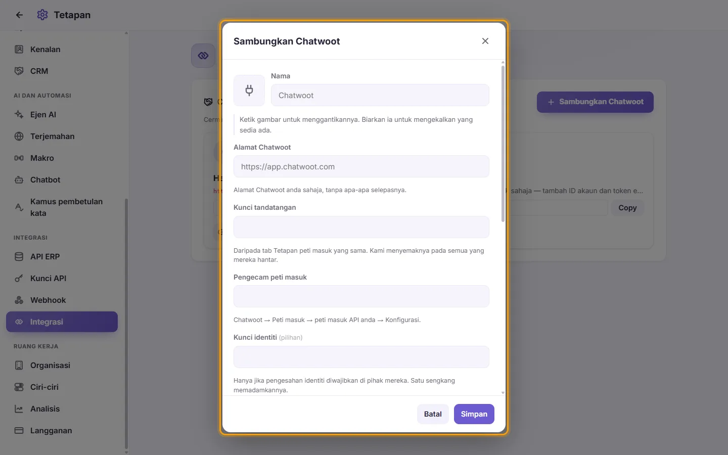 Connect Chatwoot: the address, the signing secret, the inbox identifier, the account ID and the administrator token, then the numbers