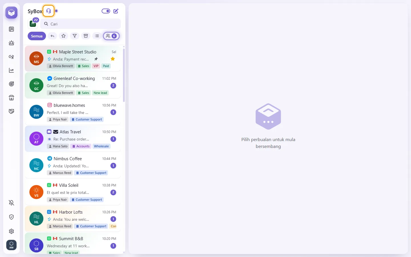 "Contact support": the headset after the workspace's name, above the conversation list