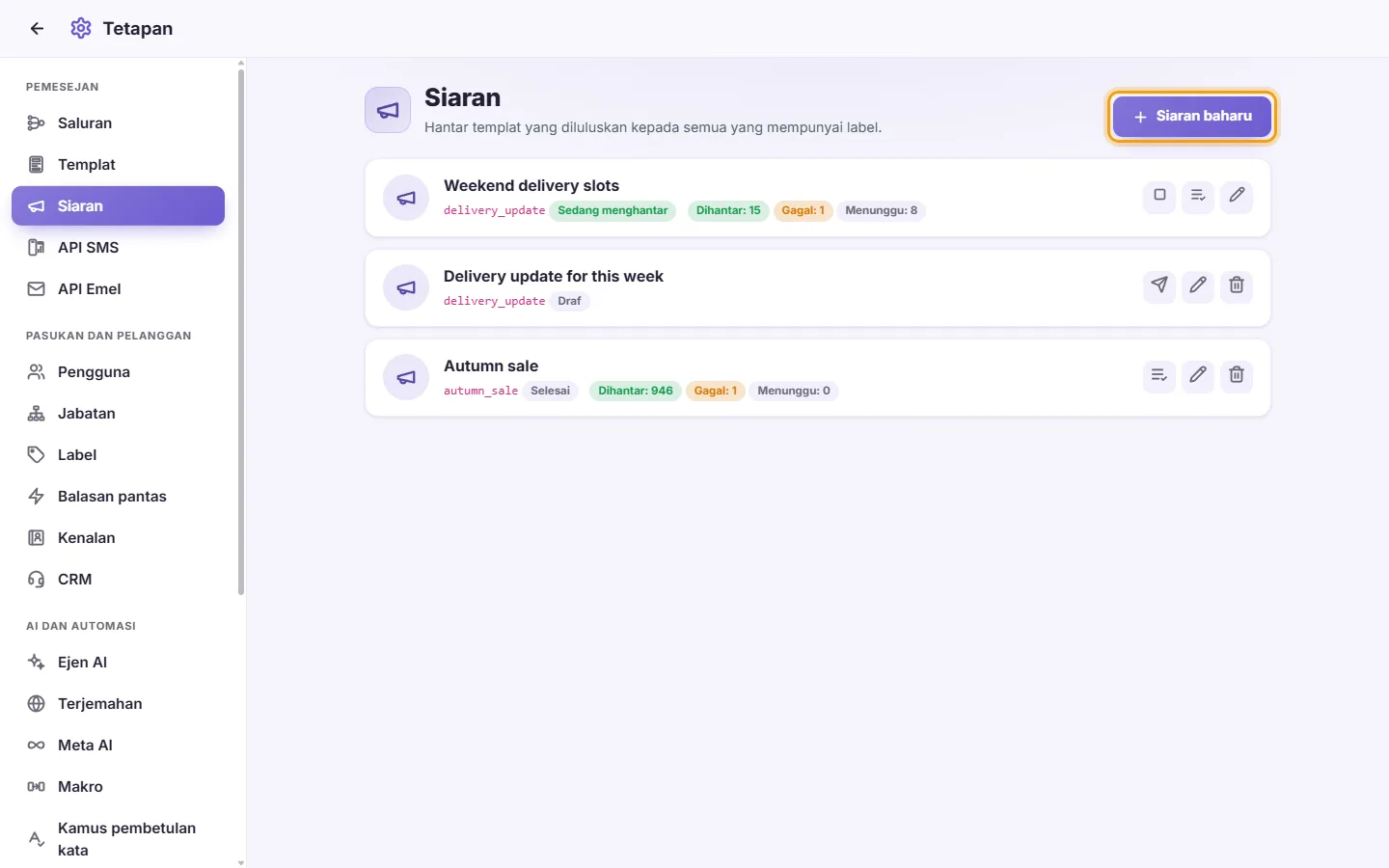 Settings, Broadcasts: one sending, a draft and a finished one, and the "New broadcast" button