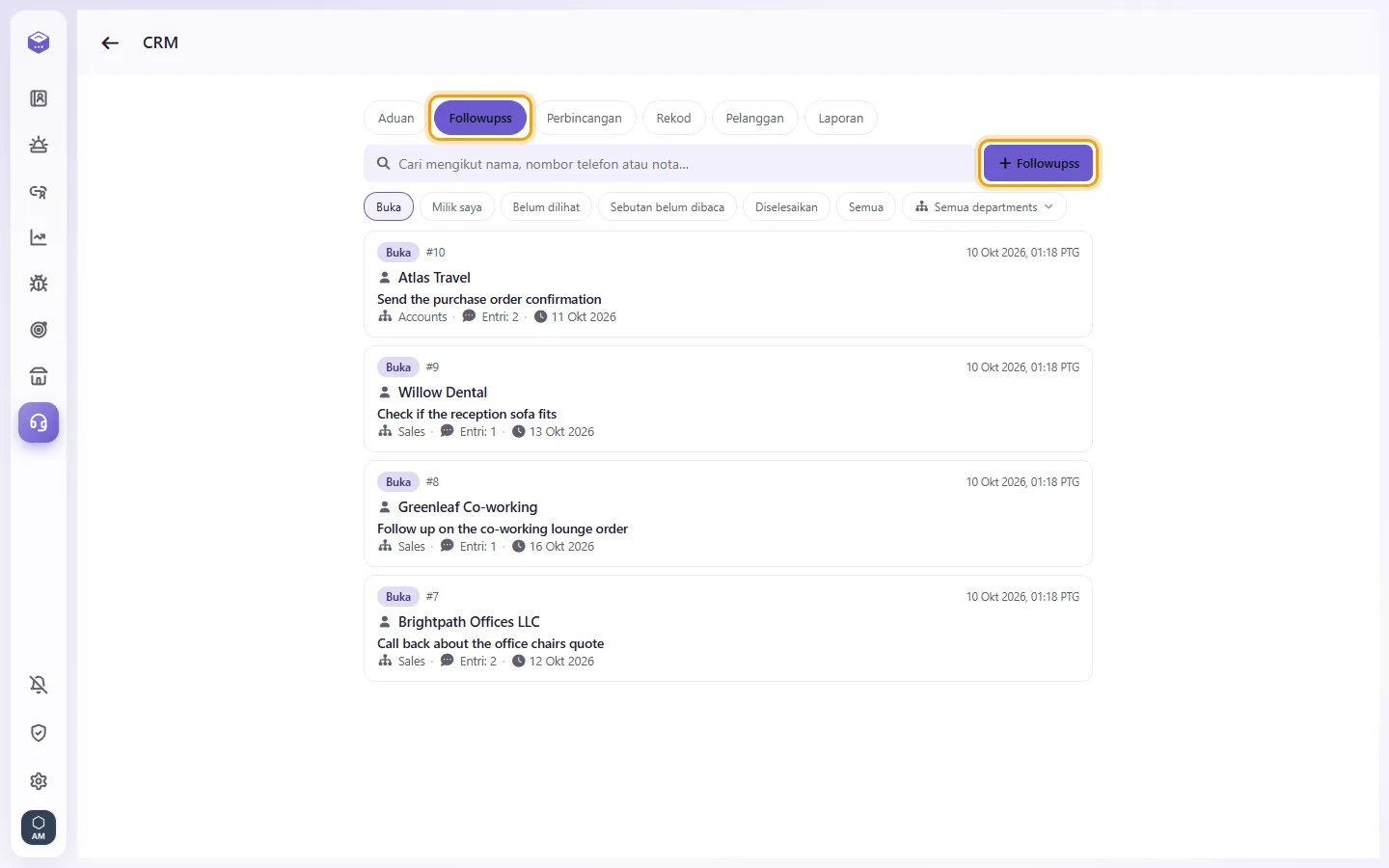 CRM, Follow-ups: the open follow-ups and the "+" button that adds one