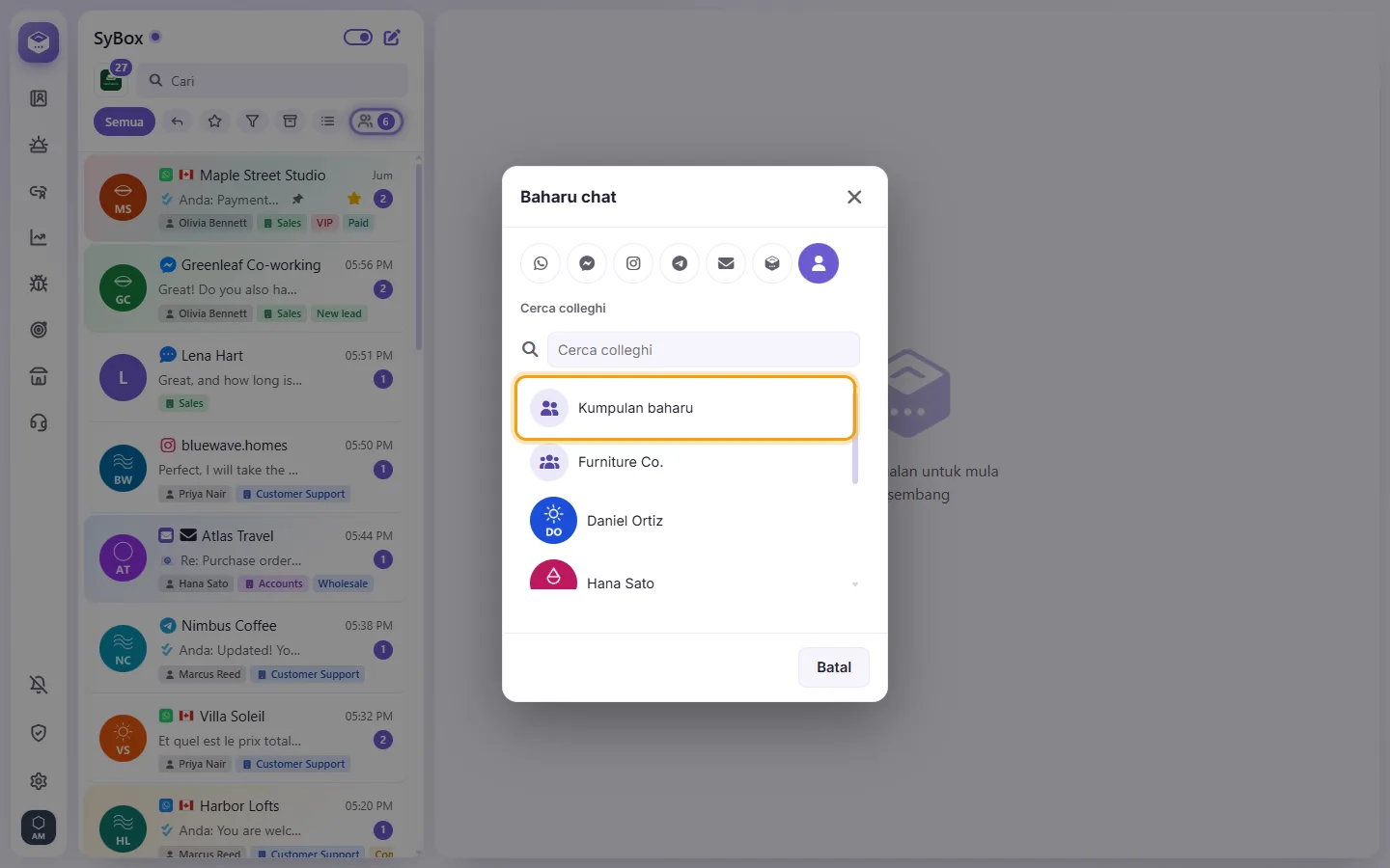 The New chat window on "Personal message": "New group" first