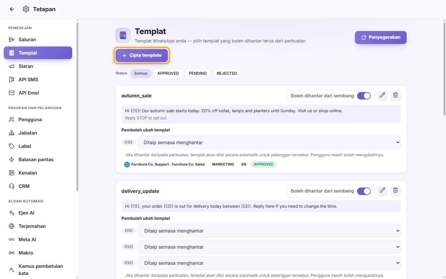 Settings, Templates: the template cards, the filters for their status, and the "Create template" button